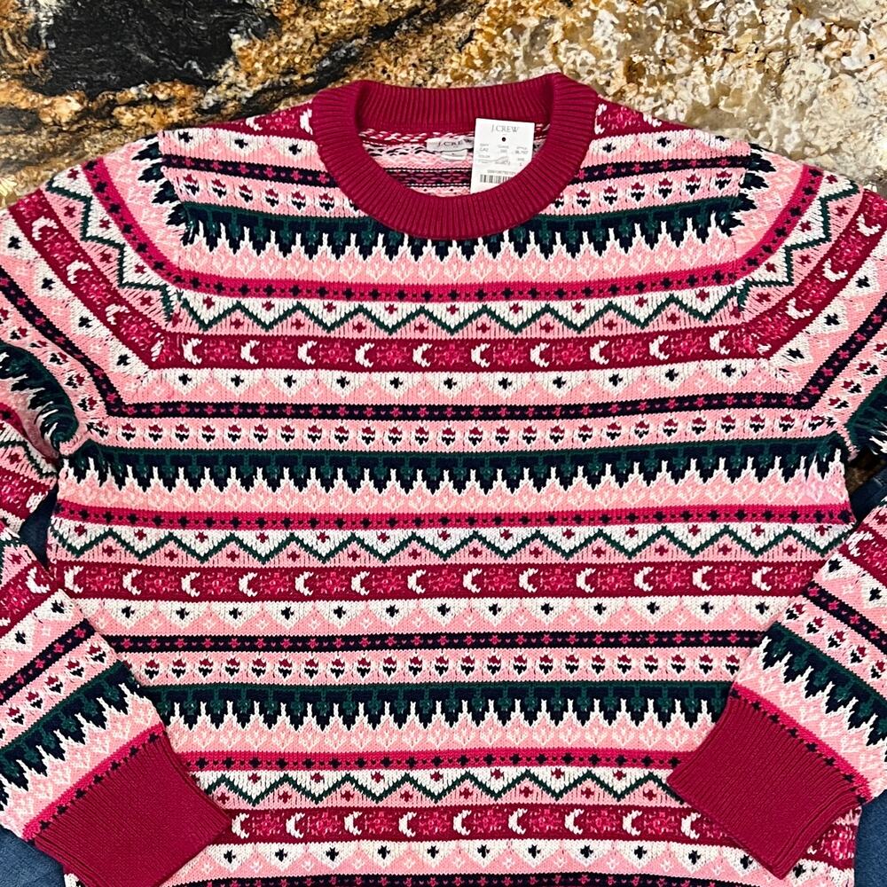 NWT J. Crew Pink, Green & Blue Fair Isle Cotton Sweater - Picture 6 of 11